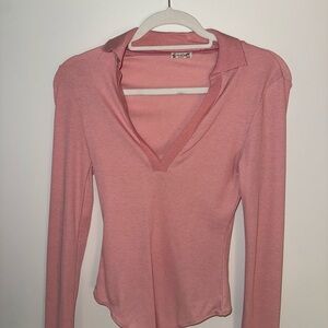 Free People Pink Long Sleeve V-Neck Bodysuit